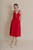 Red midi length dress with plunging neckline