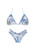 blue and white printed bikini with ruched bottom