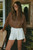 cream front pleat short with elastic waistband in back