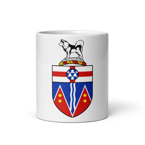 White Glossy Mug Front 11oz (325.309mL) with Coat of Arms for Canadian Territory YUKON and includes Date of Entry Into Confederation and Territory Name. Great Gift for Family, Friends, Coworkers, and Others.