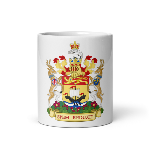 White Glossy Mug Front 11oz (325.309mL) with Coat of Arms for Canadian Territory NEW BRUNSWICK and includes Date of Entry Into Confederation and Territory Name. Great Gift for Family, Friends, Coworkers, and Others.