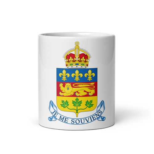 White Glossy Mug Front 11oz (325.309mL) with Coat of Arms for Canadian Territory QUEBEC and includes Date of Entry Into Confederation and Territory Name. Great Gift for Family, Friends, Coworkers, and Others.