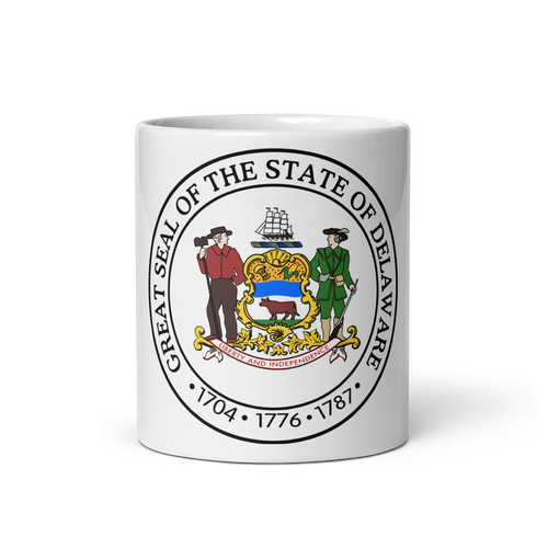 White Glossy Mug Front 11oz (325.309mL) with State Seal for DELAWARE. Includes date of admission into Union of United States. And includes Name of State. Great Gift for Family, Friends, Coworkers, and Others.