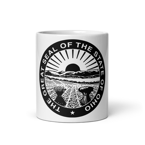 White Glossy Mug Front 11oz (325.309mL) with State Seal for OHIO. Includes date of admission into Union of United States. And includes Name of State. Great Gift for Family, Friends, Coworkers, and Others.