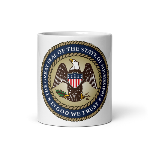 White Glossy Mug Front 11oz (325.309mL) with State Seal for MISSISSIPPI. Includes date of admission into Union of United States. And includes Name of State. Great Gift for Family, Friends, Coworkers, and Others.