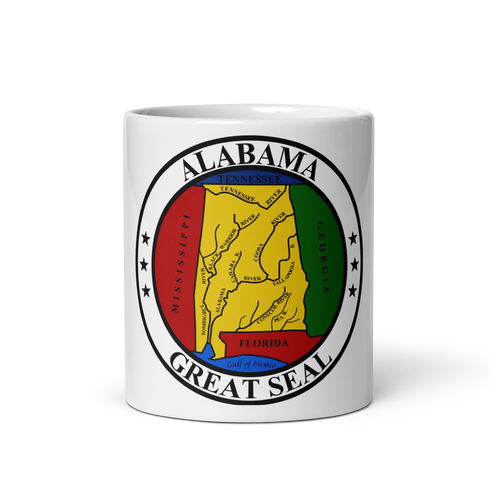 White Glossy Mug Front 11oz (325.309mL) with State Seal for ALABAMA. Includes date of admission into Union of United States. And includes Name of State. Great Gift for Family, Friends, Coworkers, and Others.