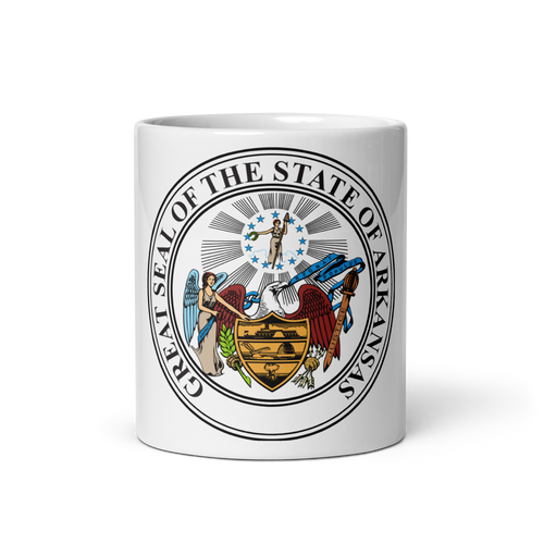 White Glossy Mug Front 11oz (325.309mL) with State Seal for ARKANSAS. Includes date of admission into Union of United States. And includes Name of State. Great Gift for Family, Friends, Coworkers, and Others.