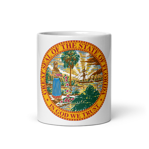 White Glossy Mug Front 11oz (325.309mL) with State Seal for FLORIDA. Includes date of admission into Union of United States. And includes Name of State. Great Gift for Family, Friends, Coworkers, and Others.