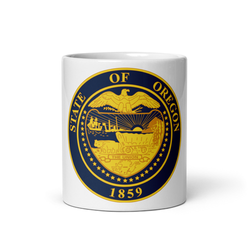 White Glossy Mug Front 11oz (325.309mL) with State Seal for OREGON. Includes date of admission into Union of United States. And includes Name of State. Great Gift for Family, Friends, Coworkers, and Others.