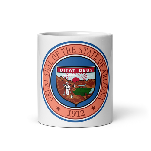 White Glossy Mug Front 11oz (325.309mL) with State Seal for ARIZONA. Includes date of admission into Union of United States. And includes Name of State. Great Gift for Family, Friends, Coworkers, and Others.