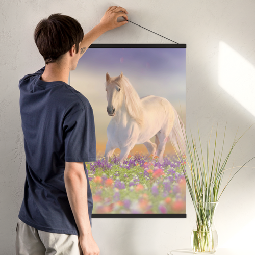 Enhanced Matte Paper Poster With Hanger 005. Black Frame, 24inx36in (60.96cmx 91.44cm), Front View. Picture shows white horse galloping in a field of colorful wildflowers. Great Gift for Family, Friends, Coworkers, Self, and Others.