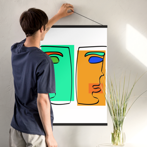Enhanced Matte Paper Poster With Hanger 012. Black Frame, 24in x 36in (60.96cmx 91.44cm), Front View. Picture shows abstract drawing of two faces with different background colors and different colors highlighting facial features. Great Gift for Family, Friends, Coworkers, Self, and Others.