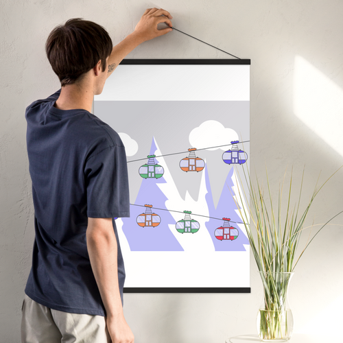 Enhanced Matte Paper Poster With Hanger 017. Black Frame, 24in x 36in (60.96cmx 91.44cm), Front View. Picture shows line drawing of snow-capped mountains with a ski-lift going up and one coming down. Great Gift for Family, Friends, Coworkers, Self, and Others.