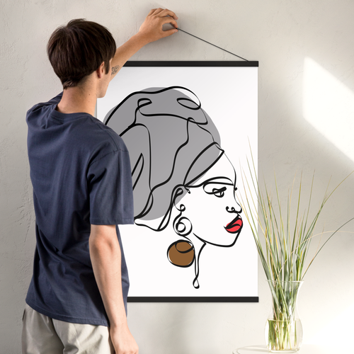 Enhanced Matte Paper Poster With Hanger 018. Black Frame, 24in x 36in (60.96cmx 91.44cm), Front View. Picture shows boho design art drawing of lady of with hair wrapped, red lipstick, and large hanging earrings. Great Gift for Family, Friends, Coworkers, Self, and Others.