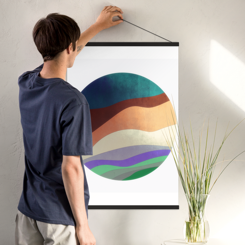 Enhanced Matte Paper Poster With Hanger 020. Black Frame, 24in x 36in (60.96cmx 91.44cm), Front View. Picture shows boho design art drawing of circles, mountains, waves, scenery. Great Gift for Family, Friends, Coworkers, Self, and Others.
