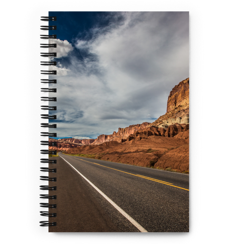 Spiral Notebook US National Parks Planner, Memories, Treasures 019, FRONT. Size: 5.50in x 11.50in (13cm x 21cm). Inspiring Image Design on Front, Textured Background, Text, and Fancy Divider Image on Back. Create memories, record them, organize them, and pass them on to generations as unique family history. Fun gift for Family, Friends, Coworkers, Self, and Others.