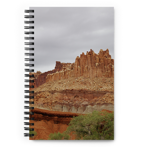 Spiral Notebook US National Parks Planner, Memories, Treasures 023, FRONT. Size: 5.50in x 11.50in (13cm x 21cm). Inspiring Image Design on Front, Textured Background, Text, and Fancy Divider Image on Back. Create memories, record them, organize them, and pass them on to generations as unique family history. Fun gift for Family, Friends, Coworkers, Self, and Others.