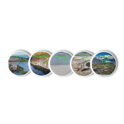 Set of Pin Buttons US National Parks 012. The set includes 5 lightweight and sturdy pin buttons with a glossy finish. Every visit to national parks will create lasting memories. Pin Buttons will be a reminder of the good times. You could even pass the buttons on to generations as unique family history. Fun gift for Family, Friends, Coworkers, Self, and Others. Size: 1.25 in (31.25 mm) and 2.25 in (56.25 mm). US National Park Images: Virgin Islands National Park, Voyageurs National Park, White Sands National Park, Wind Cave National Park, Wrangell–St. Elias National Park