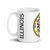 White Glossy Mug Left 15oz (443.603mL) with State Seal for ILLINOIS. Includes date of admission into Union of United States. And includes Name of State. Great Gift for Family, Friends, Coworkers, and Others.