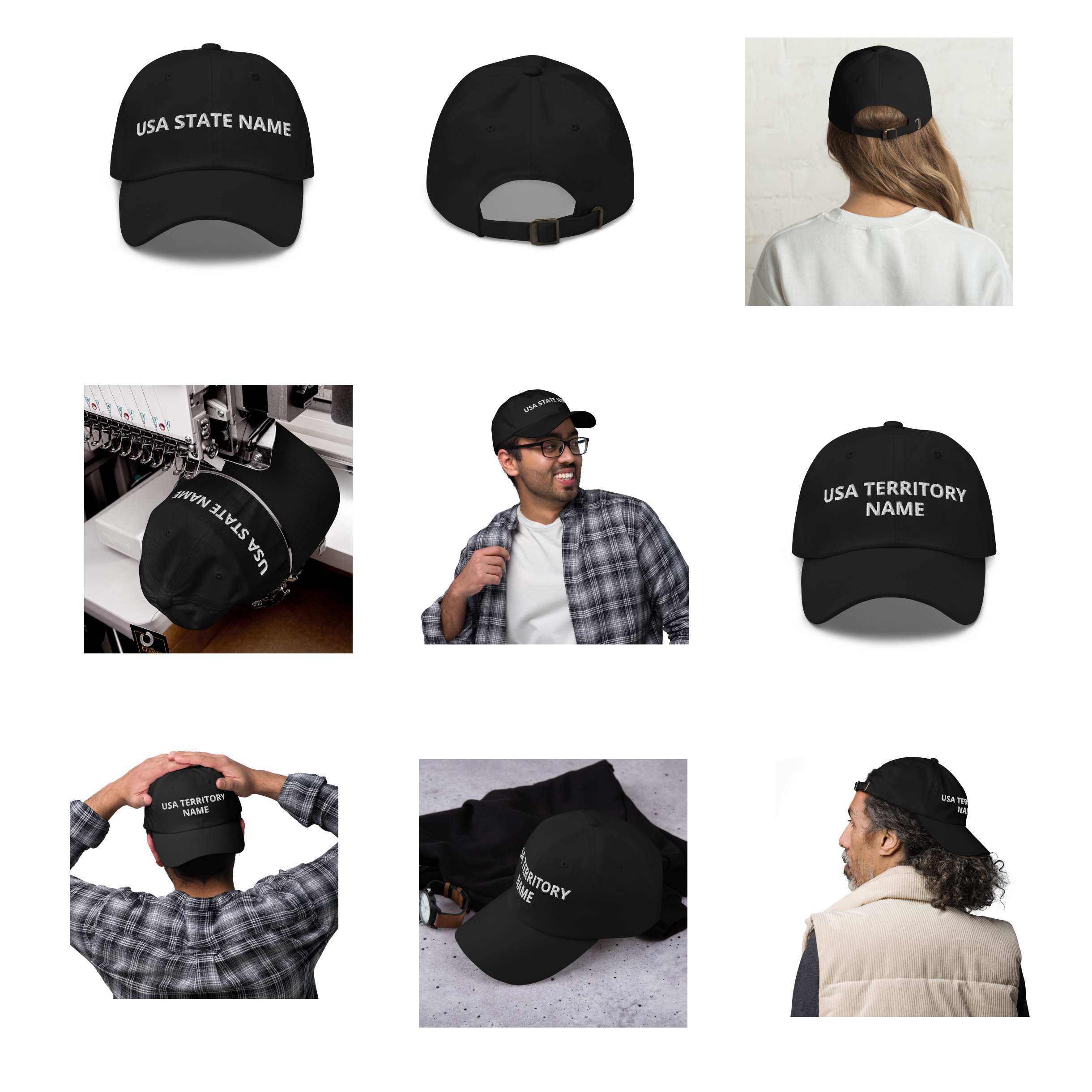 View Hat Cap Options with USA State and Territory Names