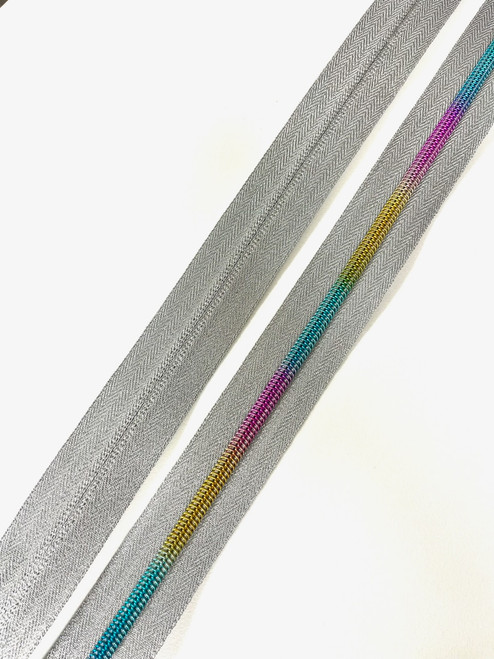 Silver Zipper Tape with Rainbow Coil (#5)- 3 Yards