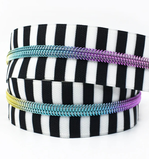 Classic B&W Checkered Zipper Tape with #5 Rainbow coil- 3 Yards