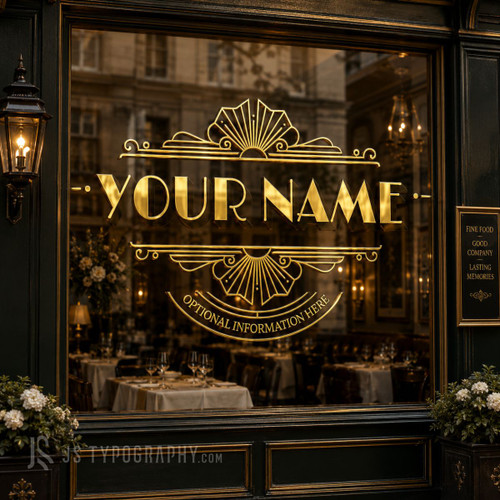 Elegant storefront featuring a custom gold Art Deco window decal inspired by 1920s design.