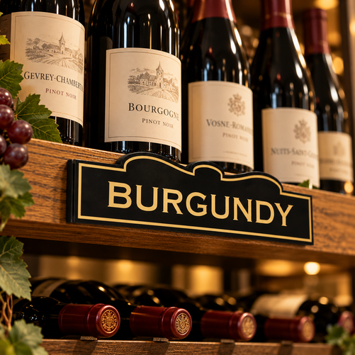 Elegant BURGUNDY shelf sign displayed on a wooden wine rack, featuring gold lettering on a black background for an upscale wine shop presentation.