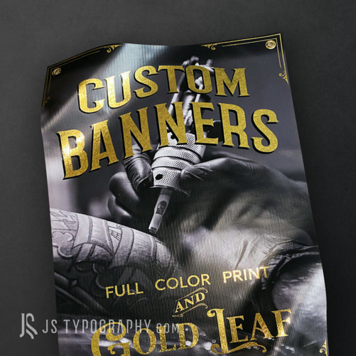 "Custom gold leaf banner featuring hand-applied gold leaf lettering and decorative gilded details on a personalized design."