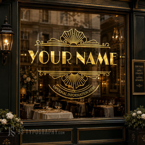 Elegant storefront featuring a custom gold Art Deco window decal inspired by 1920s design.