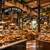 Victorian-style HOT FOOD hanging sign displayed inside an artisanal food market, ideal for delicatessens, restaurants, and specialty food counters.