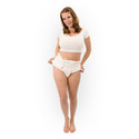 Adult Snap Diaper on female model, front-view.