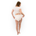 Fitted Snap Diaper on female model, back-view.