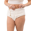Modeled Adult Cotton Fitted Snap Diaper, front-view.