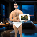 BeDry Night Premium Briefs on male model holding BeDry Night.