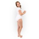 Fitted Cloth Diaper on female model, side-view.