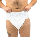 Modeled BeDry EliteCare Briefs, front-view.