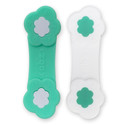 Turquoise diaper fasteners.