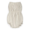 Rubber romper lying flat, with waist elastic.