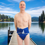 Adult Swim Diaper on male model, front-view.