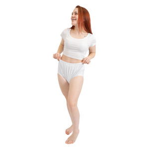 Plastic Pants on female model, front-view.
