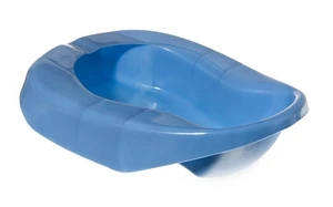 Blue Plastic Pontoon Bedpan, side-view.
