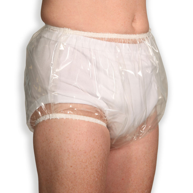 Modeled Ideal Fit Plastic Pants, side-view.