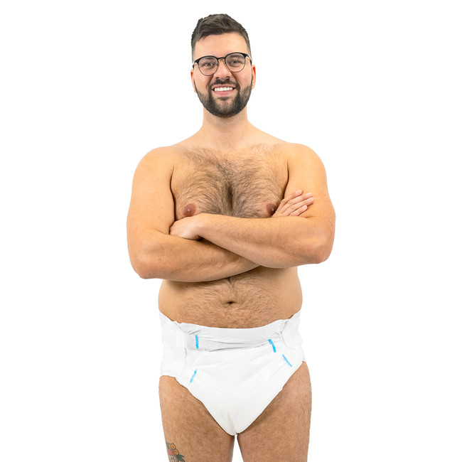 Mega Inspire+ Adult Diapers on male model, front-view.