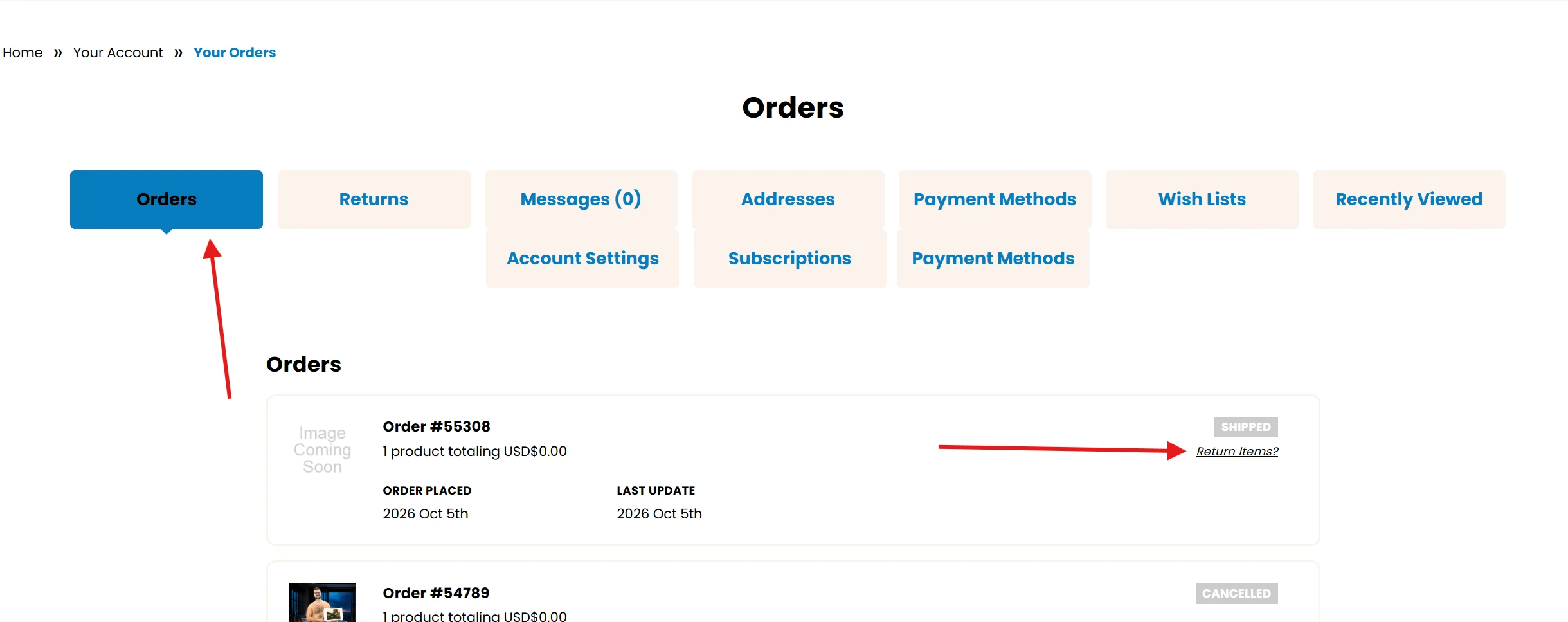 The Return Items button shown below the Shipped icon on a delivered order