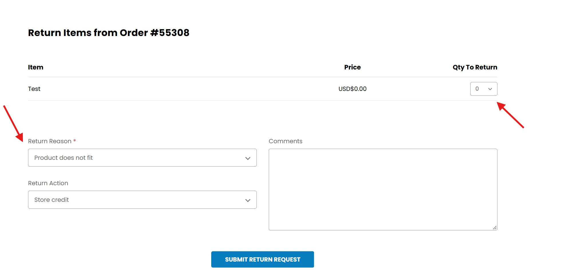 Selecting products, quantity, and a return reason on the return request form