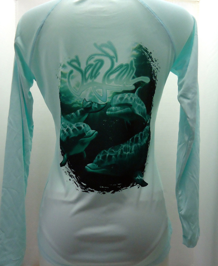 Sea Fear Women's 50+ UPF Long Sleeve Rash Guard Scuba Diving, Snorkeling, Dolphins