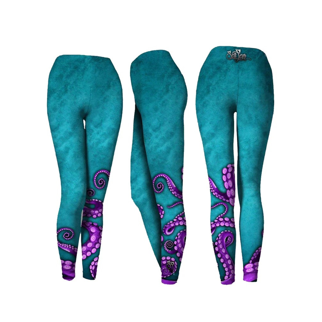Sea Fear Performance Leggings Yoga Pants Turquoise Blue Octo