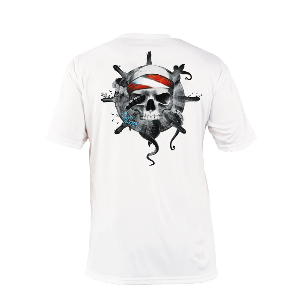 Sea Fear Men's 50+ UPF Short Sleeve Rash Guard Scuba Diving, Octo Skull, White