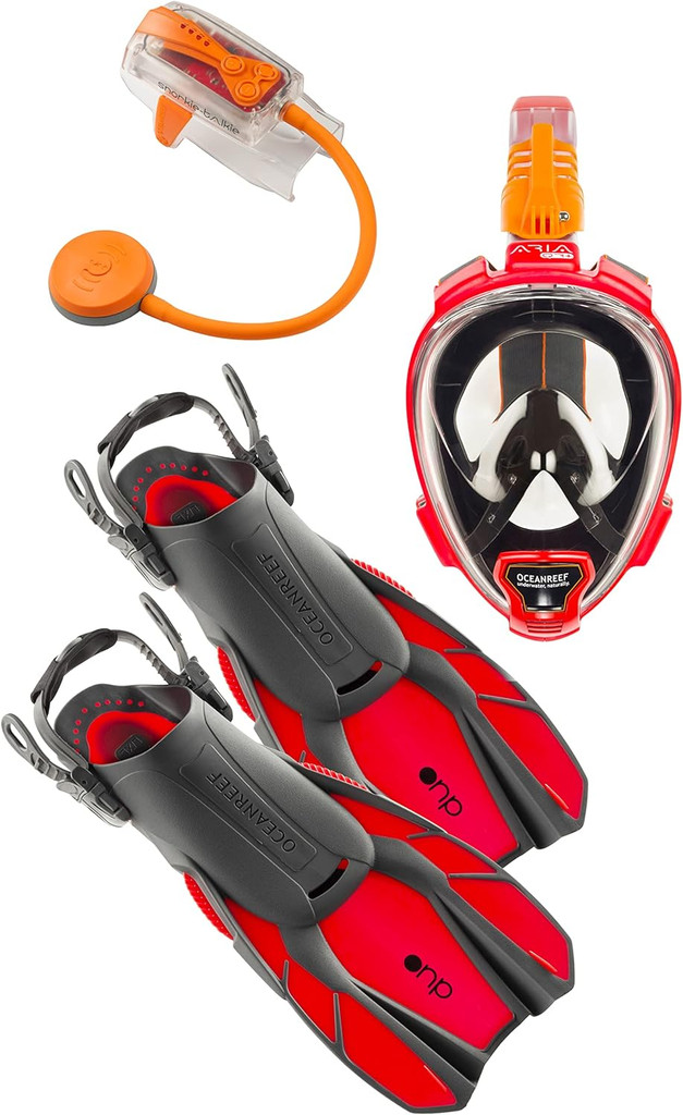 Ocean Reef Aria QR+ Duo Travel Set Red M/L Mask L/XL Fins Snorkie Talkie